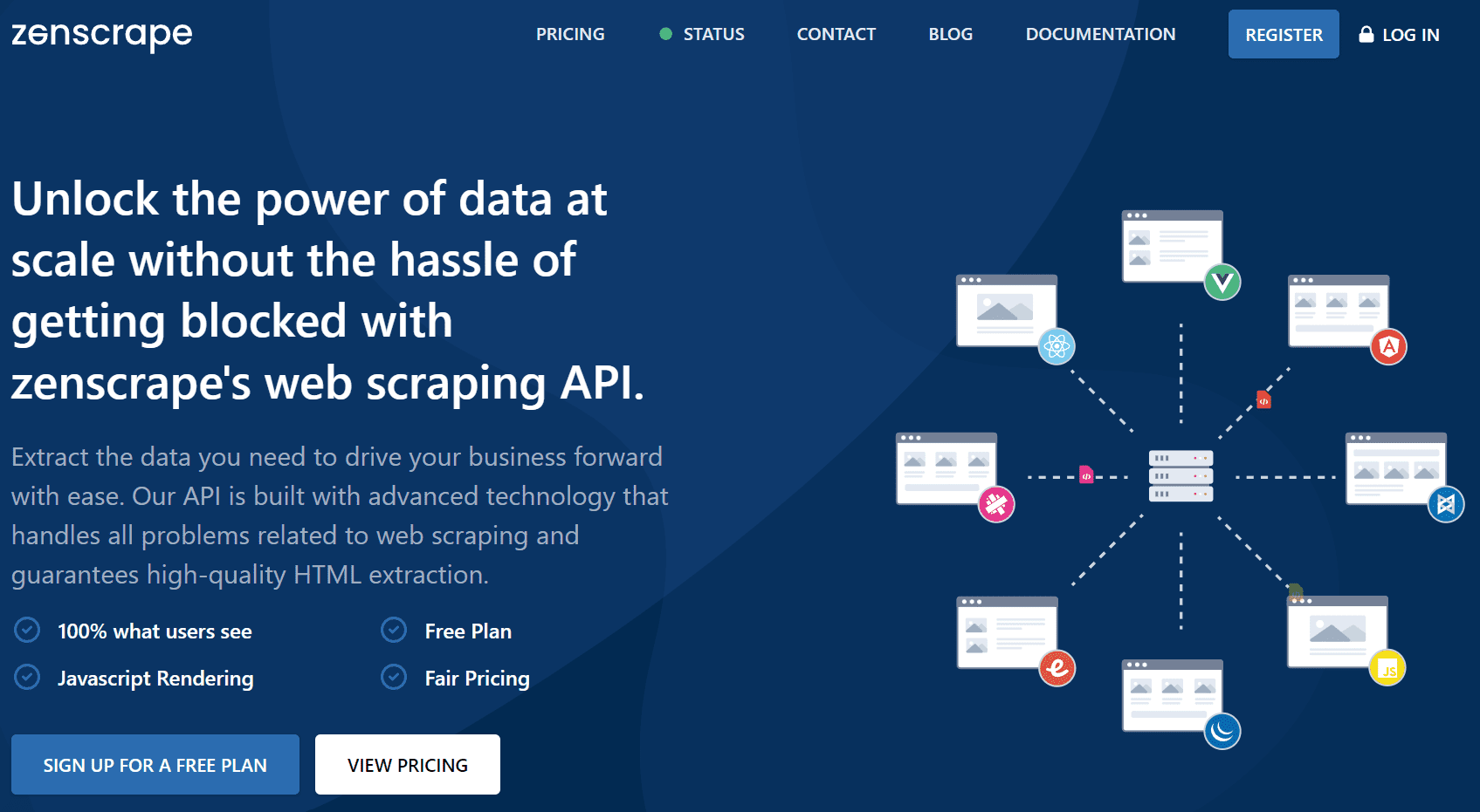 home page of the zenscrape web scraper API